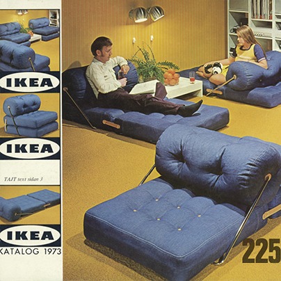 Lounge chair in denim on IKEA catalogue cover 1973.