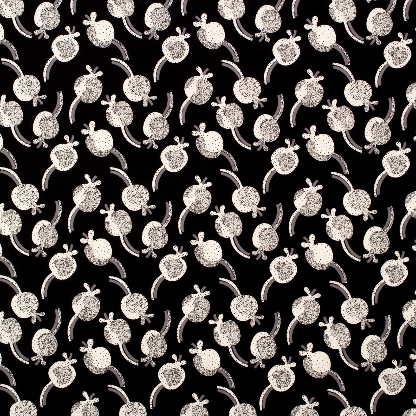 Stiliserat mönster med vita bär på svart bakgrund.