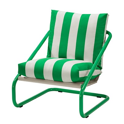 Low steel tube armchair with green and white striped pillows.