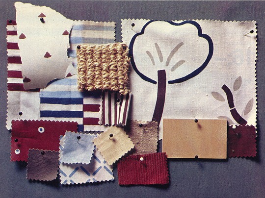 Collage med mönstrade tygprover i bruna, röda och blå nyanser.