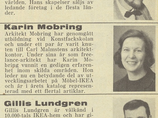 Cutting from IKEA catalogue with a black and white portrait of Karin Mobring.