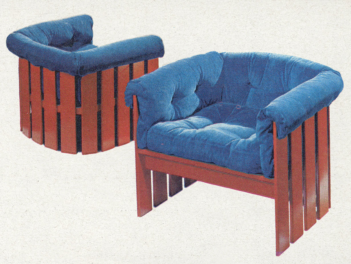 Red, rounded wooden armchairs with blue upholstery.