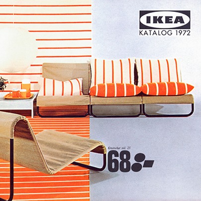 Cover of IKEA catalogue with low seating furniture and orange and white striped cushions.