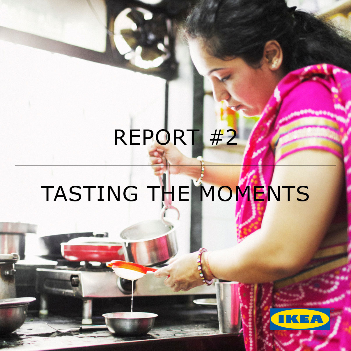 A report cover shows a woman in a pink batique dress cooking in her kitchen.