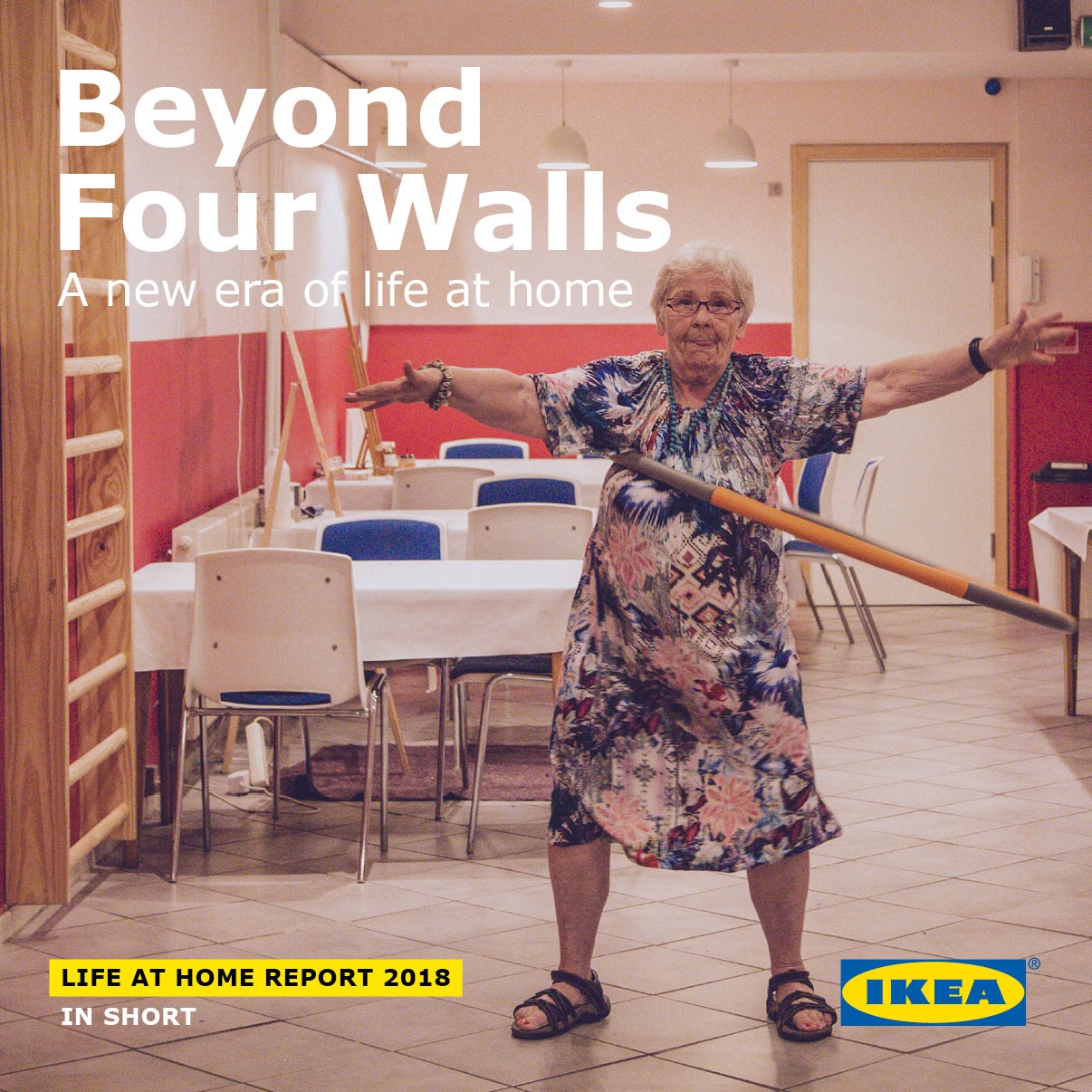 A report cover shows an older, grey-haired woman standing in a warehouse using a hula hoop.