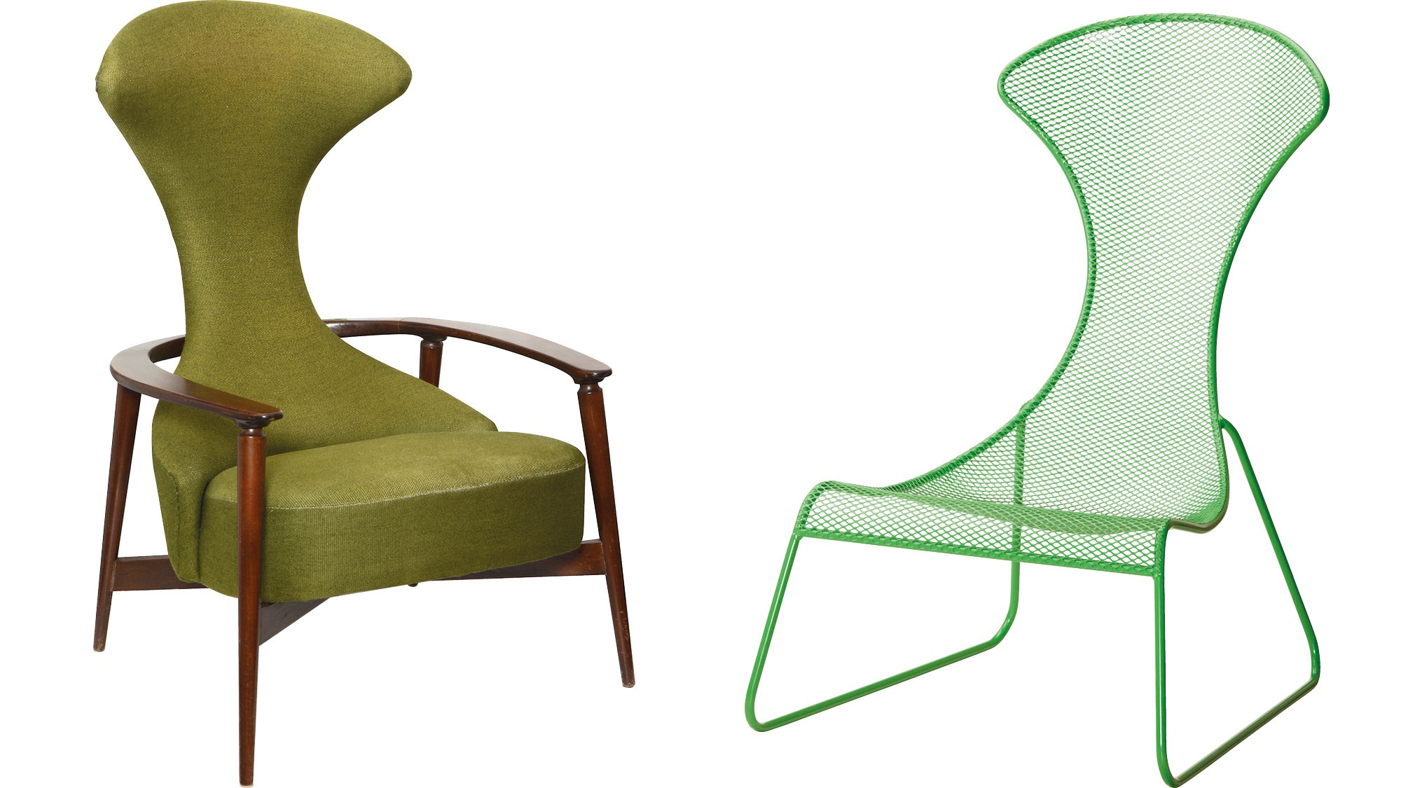1950s armchair with green upholstery and wood frame, CAVELLI, and outdoor chair in green perforated metal, for IKEA PS 2012.