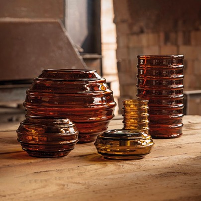 Brown ribbed glass vases and candle holders in different sizes and shapes, HÄNGBJÖRK.