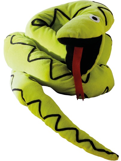 Rolled-up soft toy imitating a huge green snake with a long red tongue, DJUNGELORM.
