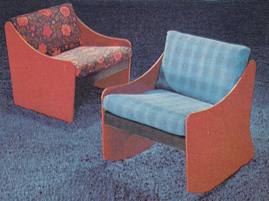 Armchairs CAMPO I and II with frames in red-lacquered chipboard, one with incorporated rockers.