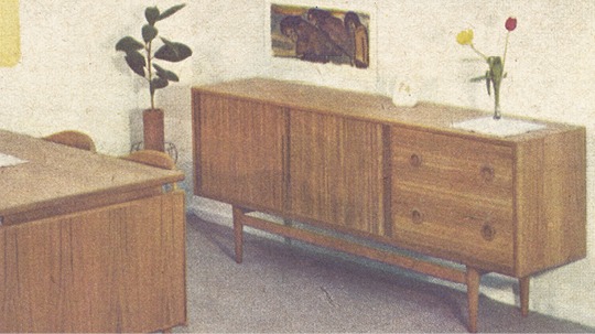 1960s living room furnished with sleek teak furniture, DANSKE.