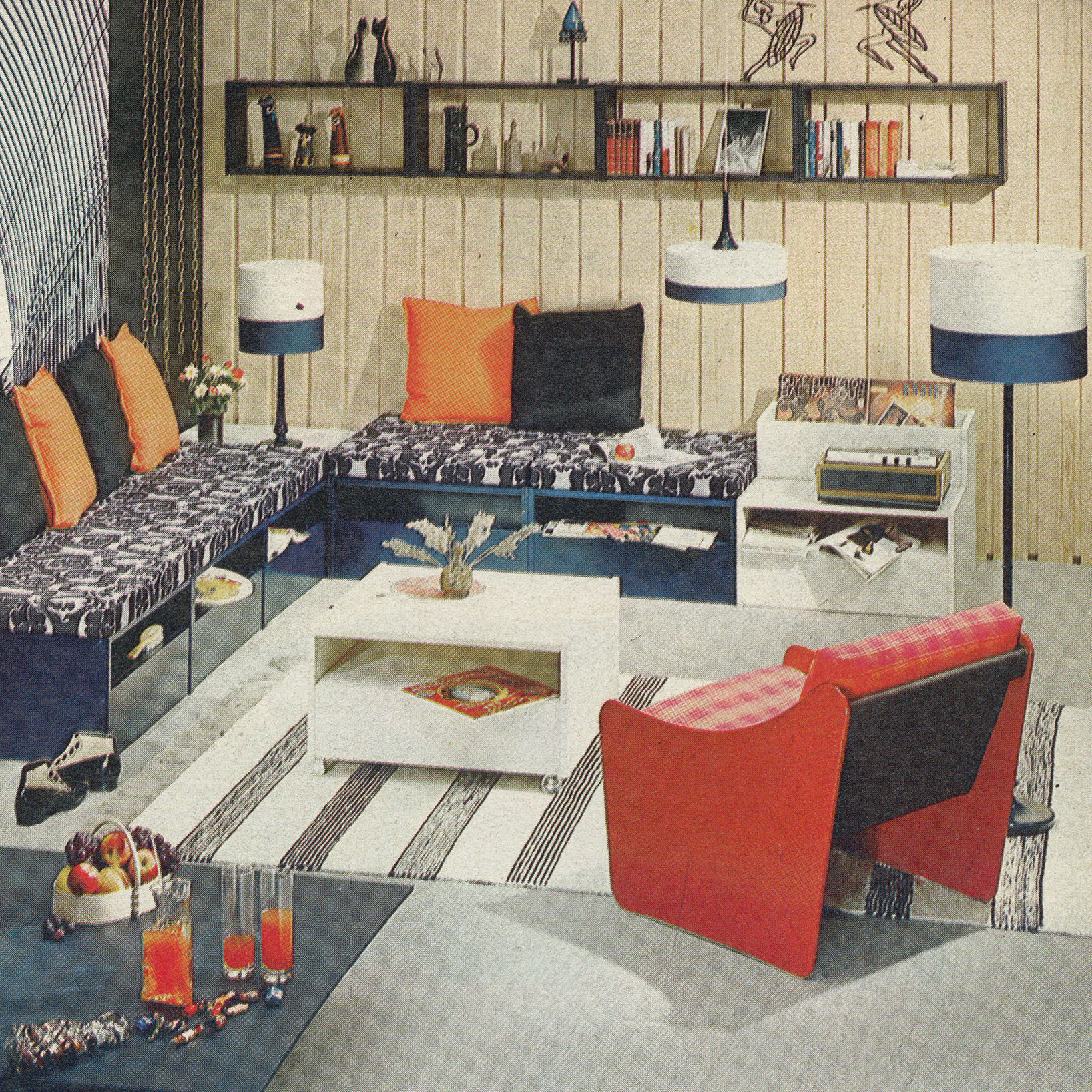 Colourful teenagers' room with trendy 1960s furniture, a stereo and LPs, and grey carpeting.