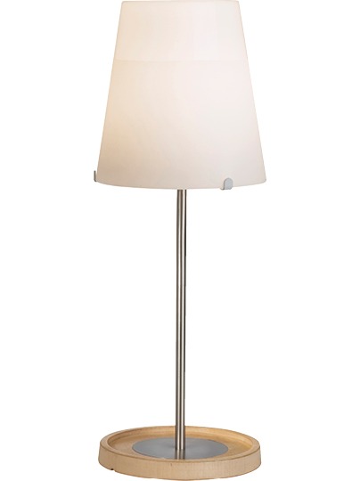 Enkel bordslampa med vit skärm och bas av björk, BASISK.