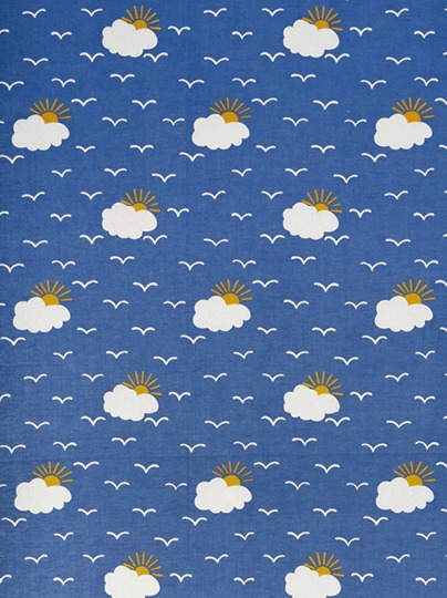 Simple repetitive pattern with a sun peeking behind a white cloud, surrounded by seagulls in a blue sky, BLÅ HIMMEL.