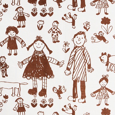 Lively monochrome pattern based on children's drawings of family members and flowers in brown on white, FAMILJEN.