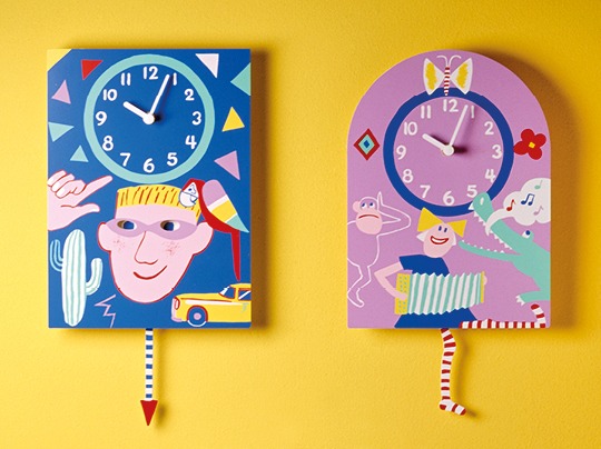 Two wall clocks with 1990s youthful style patterns, SIGGE SNAGG.