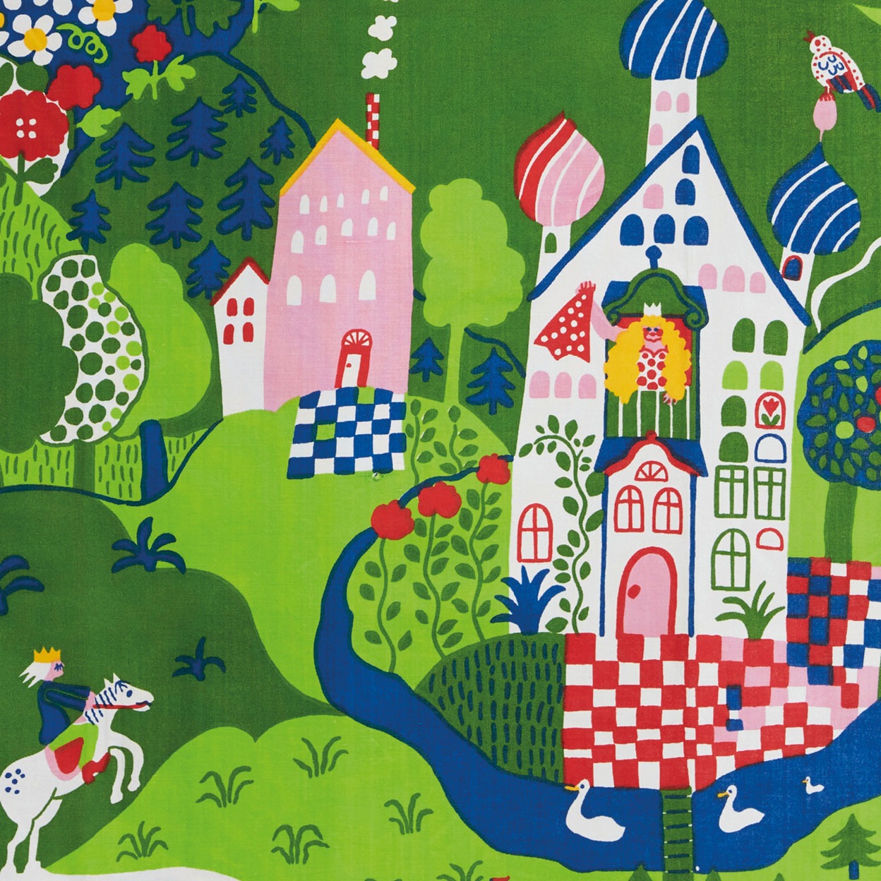 Children's pattern of storybook characters, a prince on a horse and a princess in a tower, in bright colours.