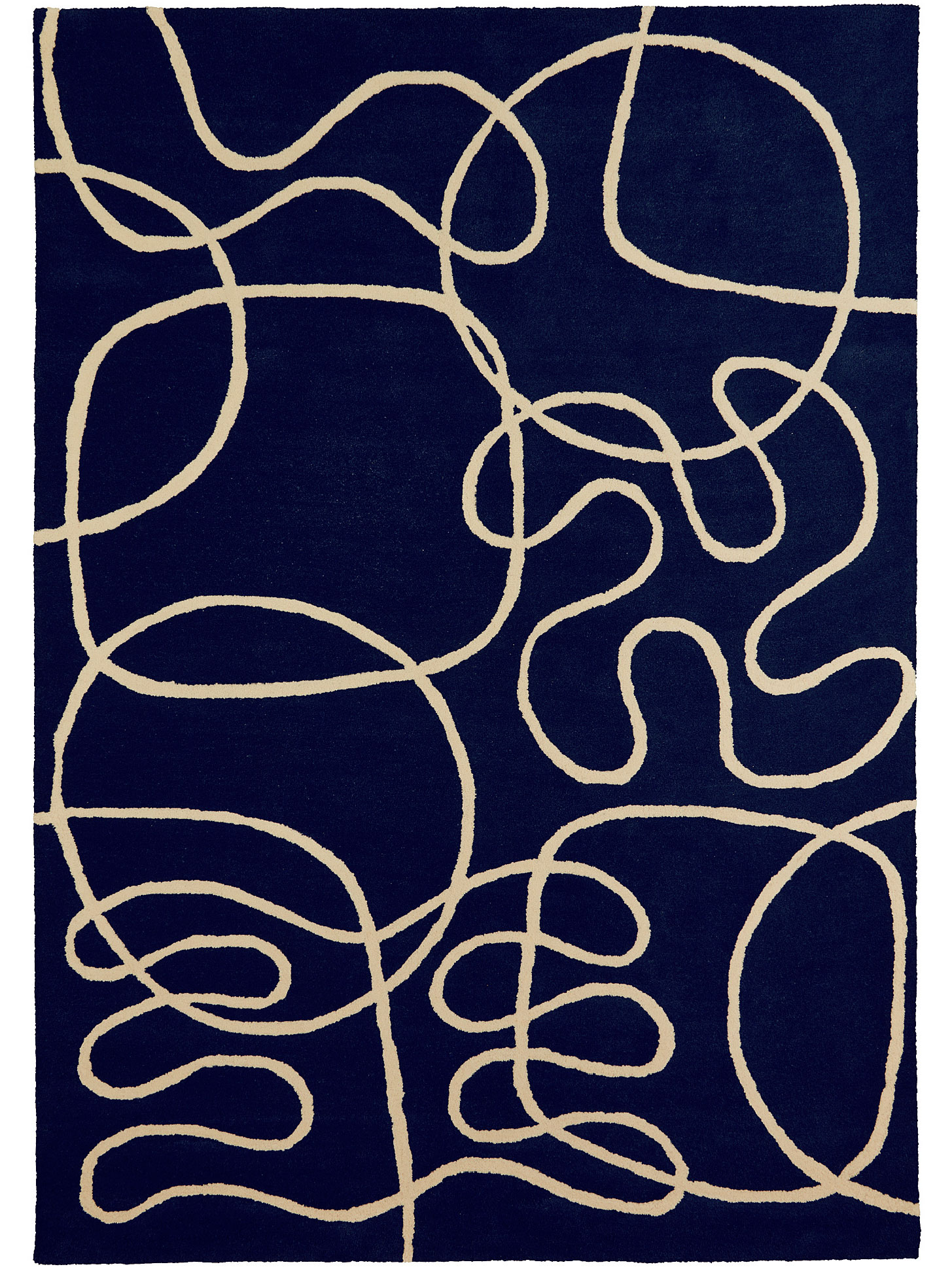 Dark blue rug with a white abstract pattern.