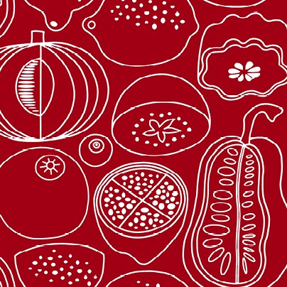 Textile pattern with line drawings of vegetables and fruits, MARIENTA KONTUR.