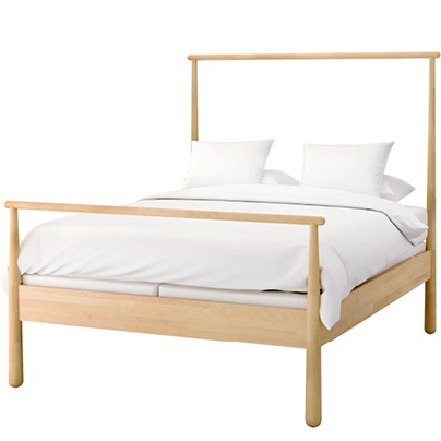 Blond wood bed with sturdy frame, made up with white bedding, GJÖRA.