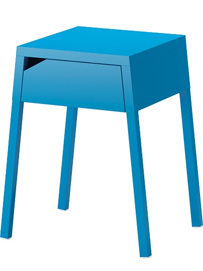 Blue bedside table with a cut-out handle in its drawer, SELJE.