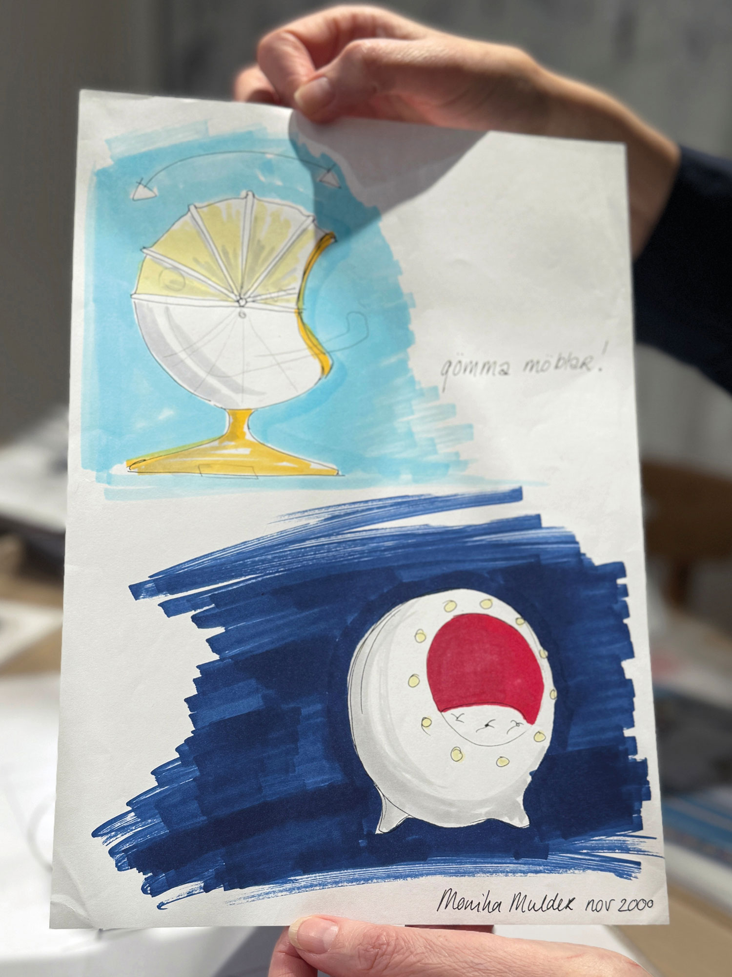 Watercolour design sketch with two variants of a chair.