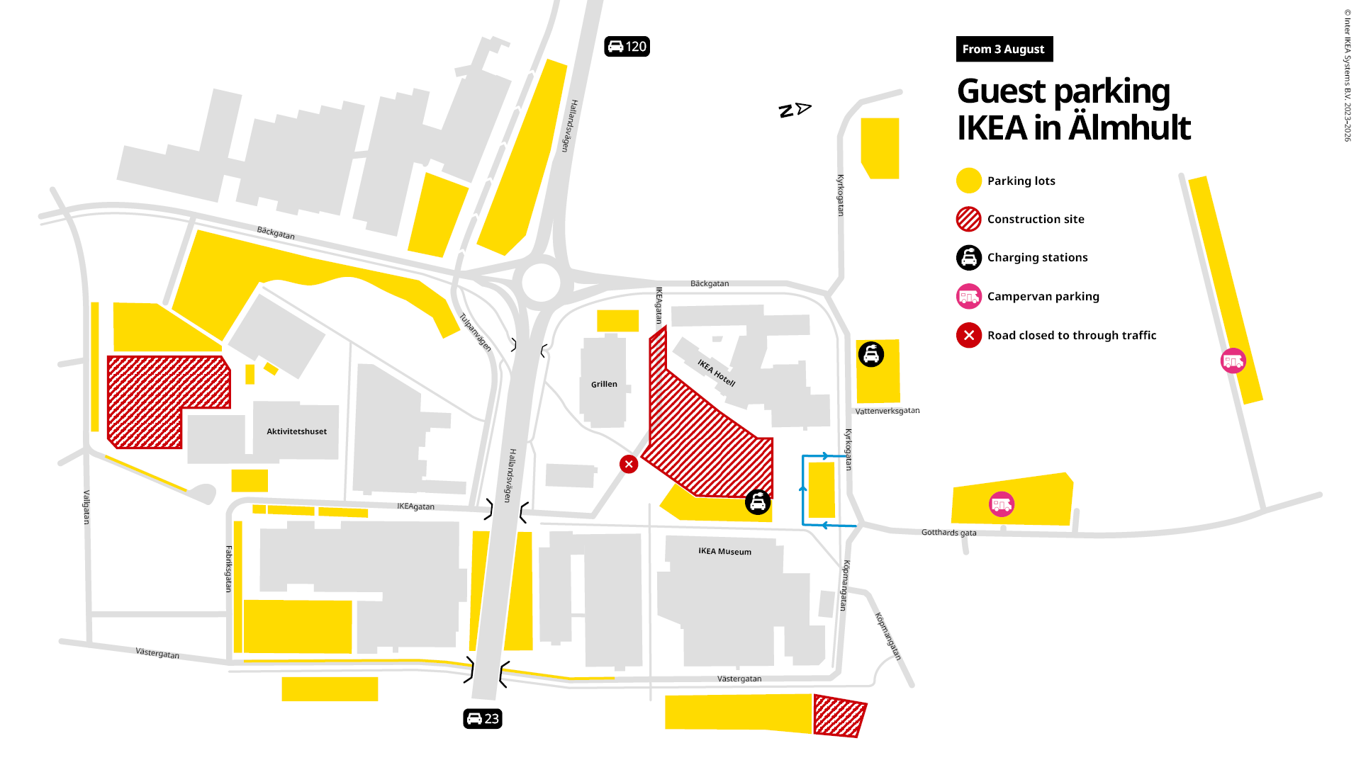 Map showing available guest parking areas from 3 August.
